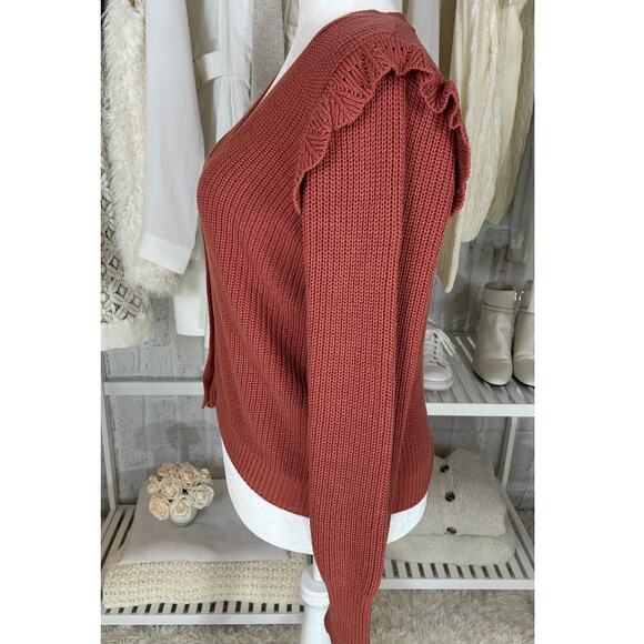 Marled Reunited Clothing Women's Sz L Mauve Ruffle Shoulder Cardigan #0378 - Picture 4 of 11